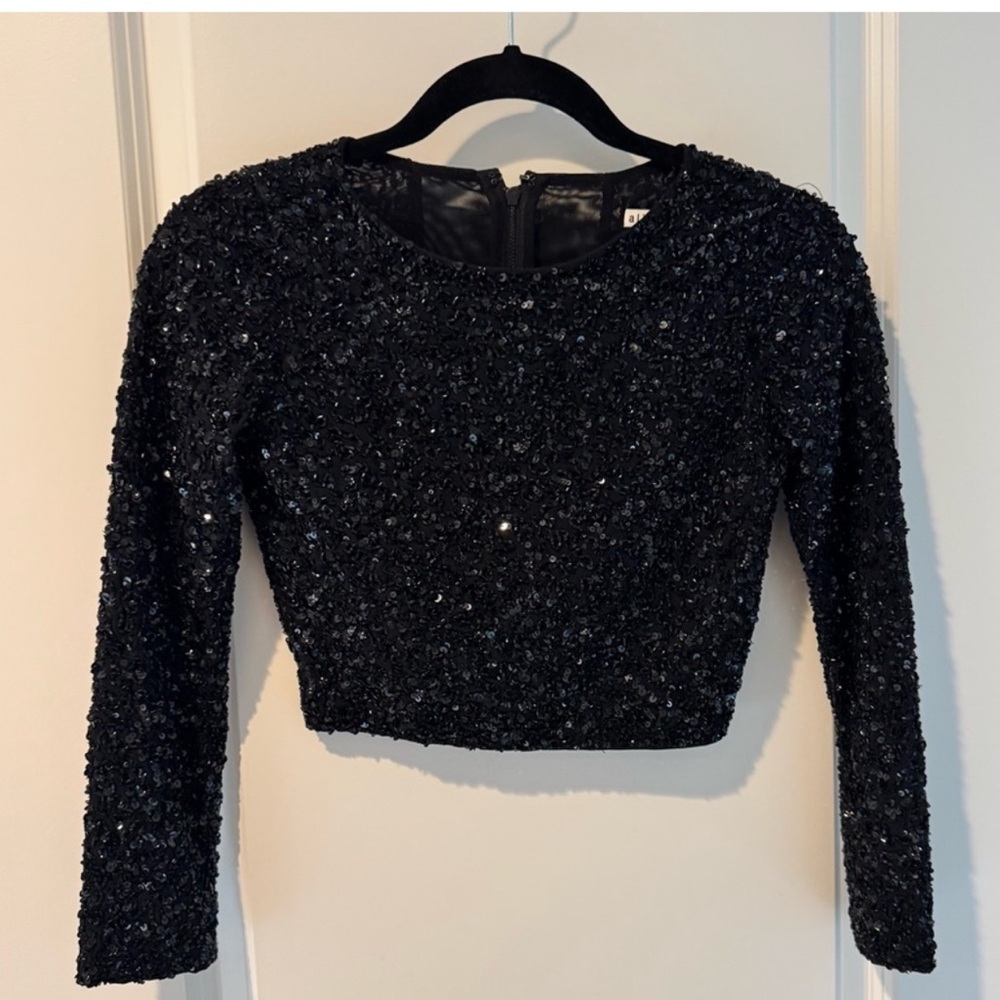 Alice + Olivia Lacey Black Beaded Cropped Sequin Top Sz 0 - Picture 4 of 8